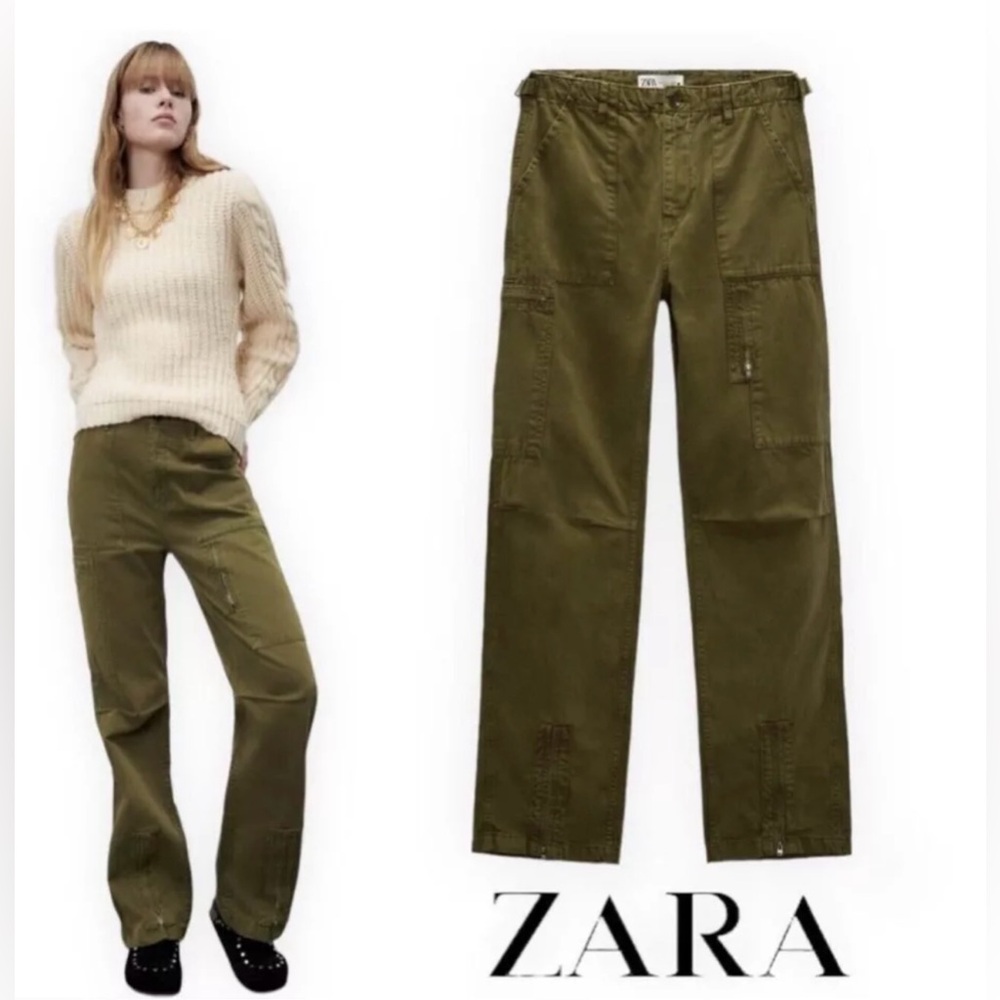 Zara Olive Green Straight Leg Cargo Pants with Zippered Ankle